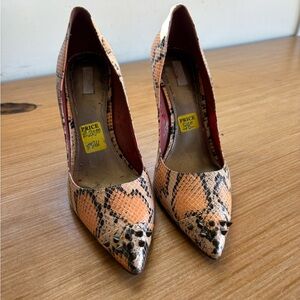 Snake-Print Pointed Toe Pumps in Peach